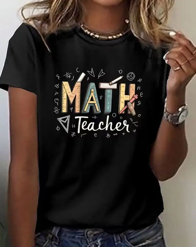 Women Math Teacher Graphic T Shirt Math Symbol Ruler Pencil Print Crew Neck Short Sleeve Casual Tee Back To School Mathematics Teacher Gift Top