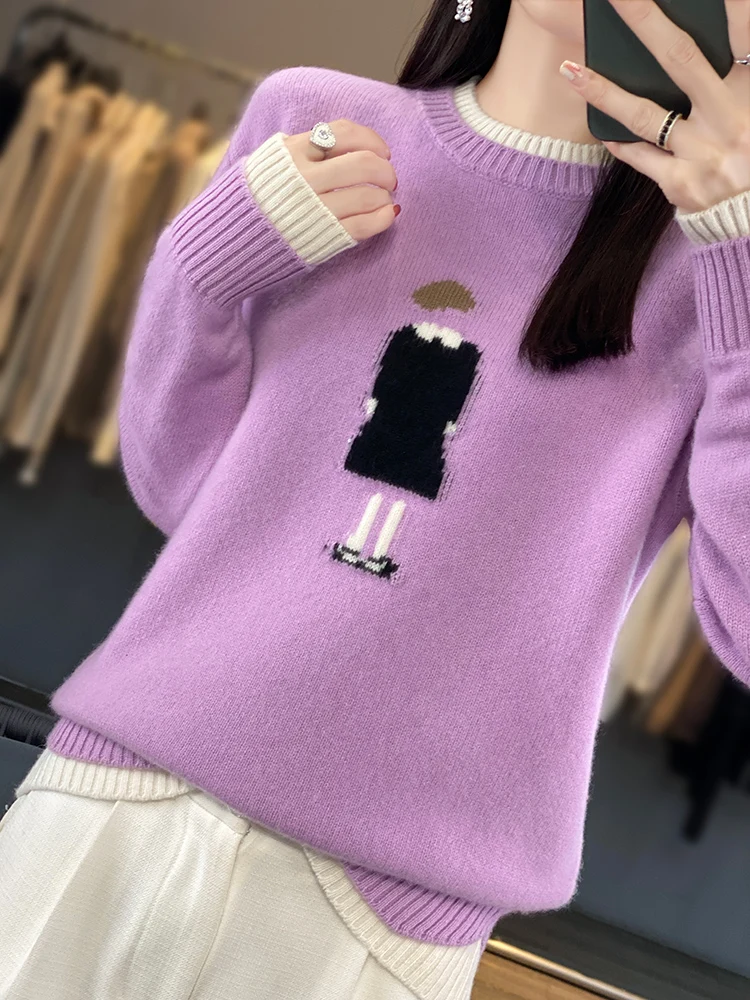 2023 Fashion 100% Merino Wool Tops Women Clothing Knitted Sweater Round Neck Full Sleeve Pullovers AutumnWinter Loose Knitwear