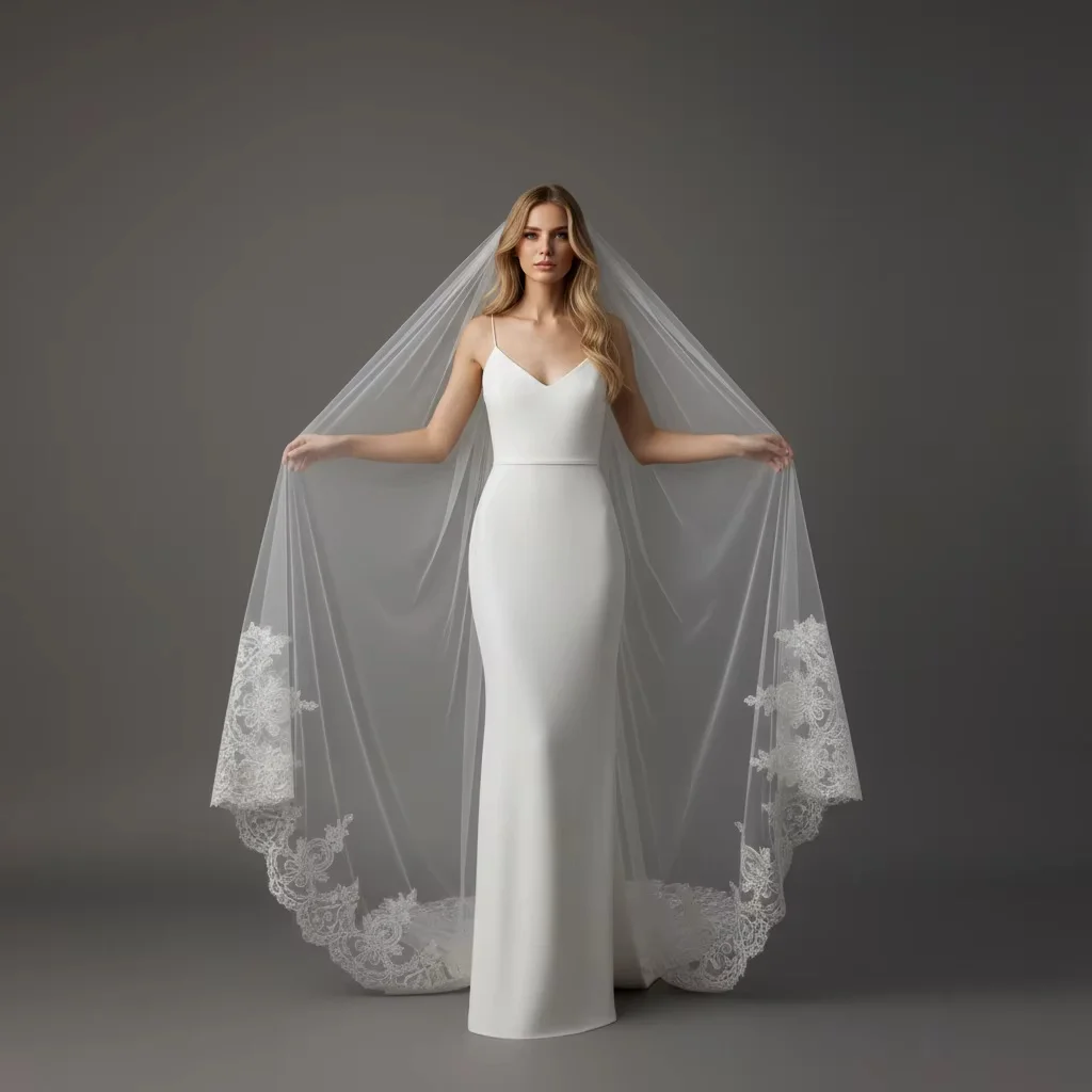 Spaghetti strap mermaid wedding dress with long lace veil, fitted silhouette for bride. Custom‑made & multi‑colors available, id