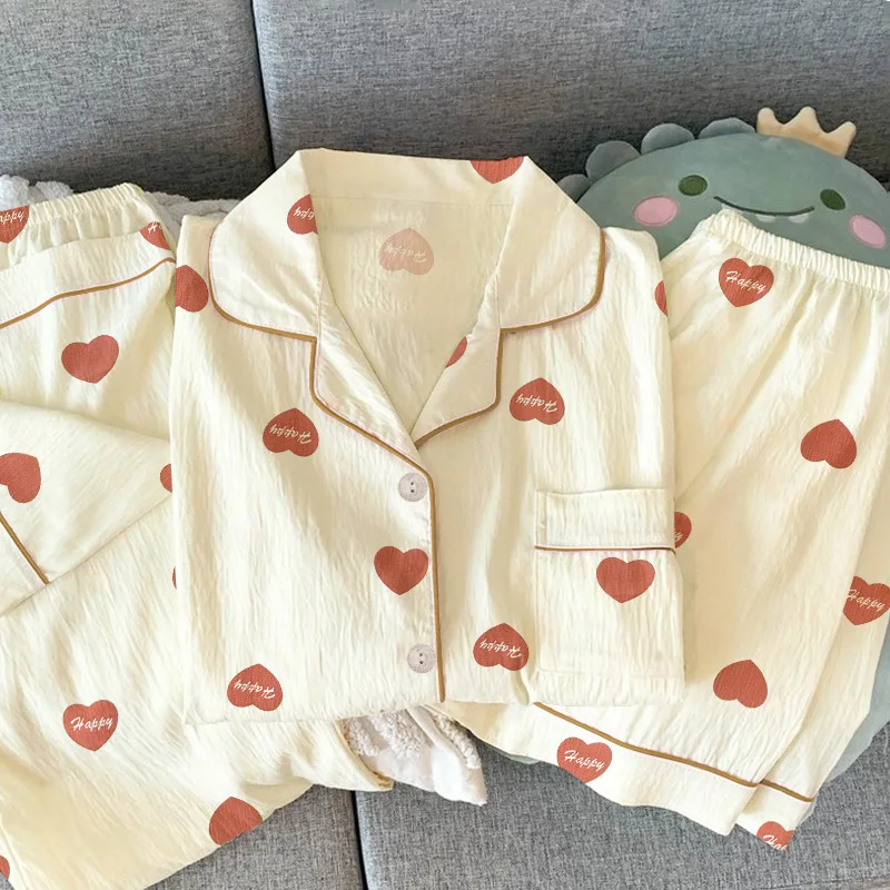 

Women Summer Pajamas Three-piece Set Comfortable Leisure Sleepwear Female Short Sleeve Lapel Sweet Heart Letter Print Homewear