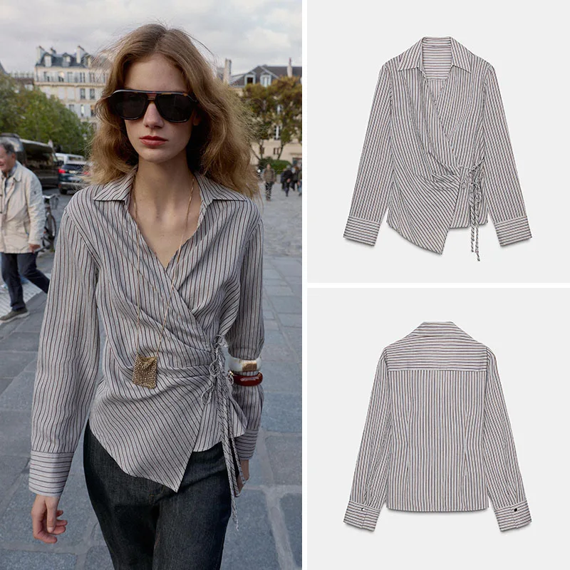 

New Autumn Women's Shirt Elegant Waist-Cinching Double-Tie Stripe Knot Top for 18-25 Years Old Women in 2025