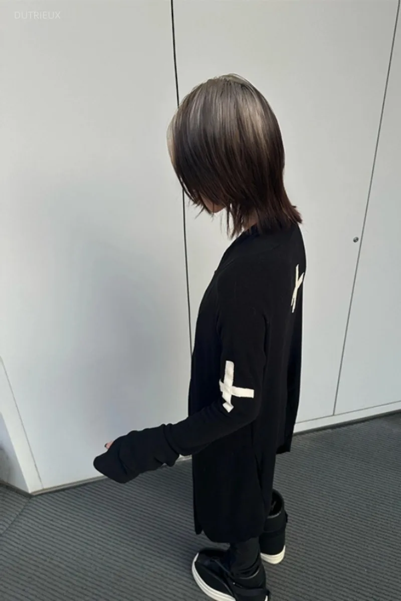 Y2k Clothes Oversized Sweater Knitted Black Cross Cardigan Feminino Sueters Mujer Grunge Subcultural American Streetwear Tops