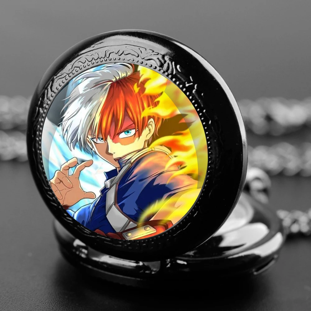 Anime My Hero Academia Shoto Todoroki Design Glass Dome Quartz Pocket Watch Necklace Women Men Jewelry Pendant Chain