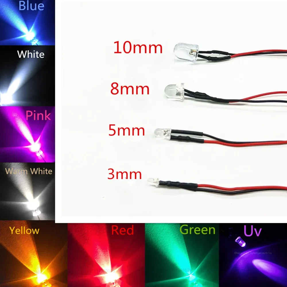 20PCS Transparent LED Diodes DC3V 5V 12V 24V 3MM 5MM 10MM For Red/Green/Blue/Yellow/UV/ Orange/Pink/Hot/White/RGB Pre-cable