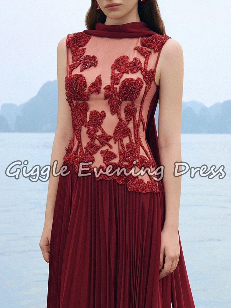 Luxe rode avondjurk hoge hals mouwloos kralen kristallen vloerlengte gedrapeerde formele jurk feestjurken op maat