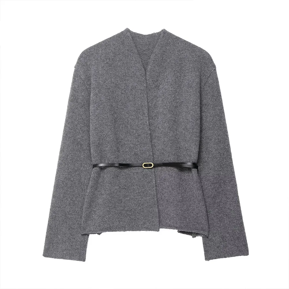 

Ранняя осень 2024, новая модель Yujie Youfan Qingshou, модная вязаная куртка в европейском и американском стиле с v-образным вырезом и поясом