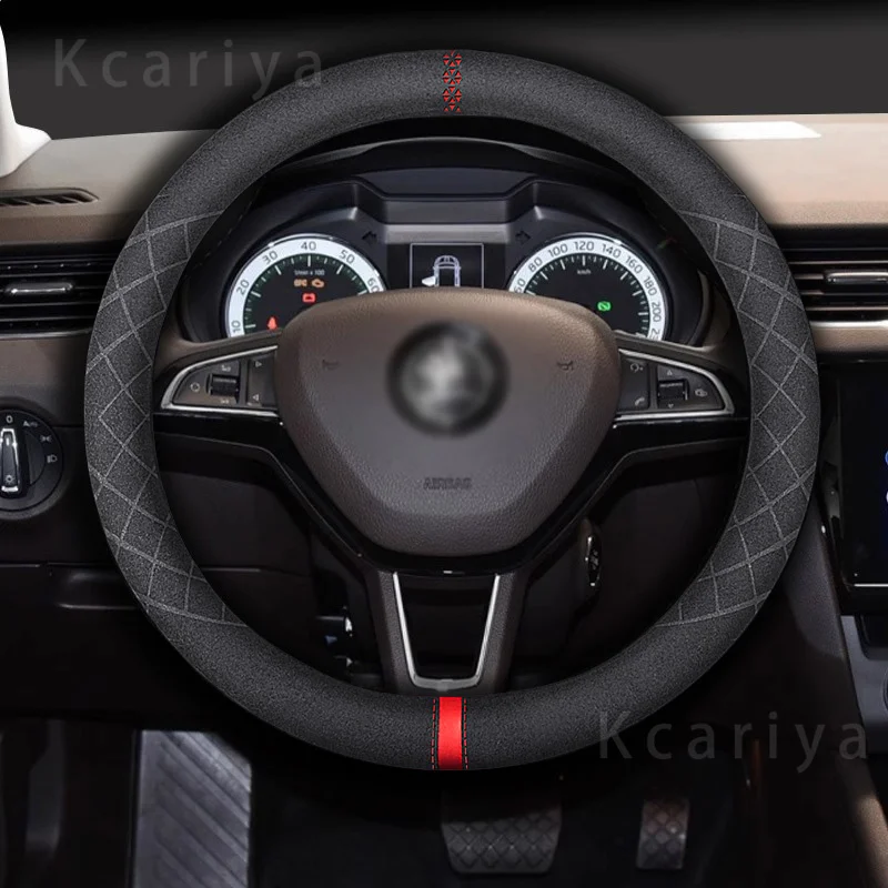 Suede car steering-wheel cover 38cm 15in leather for Skoda Octavia RS 5E A7 2013 2015 2016 2017 2020 auto parts