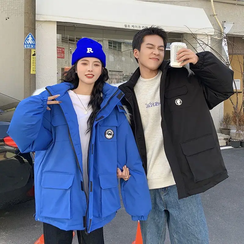 معطف شتوي سميك ودافئ للزوجين بلون أزرق كلاين، سترة قطنية طويلة الأكمام للنساء بتصميم عصري وكاجوال