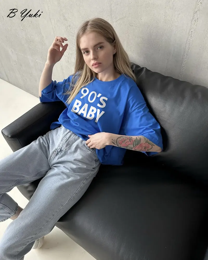 Blessyuki Vintage Letter Printed T-shirts Women 2023 Summer New Oversized Casual O-neck Cotton Short Sleeve Tee Female Basic Top