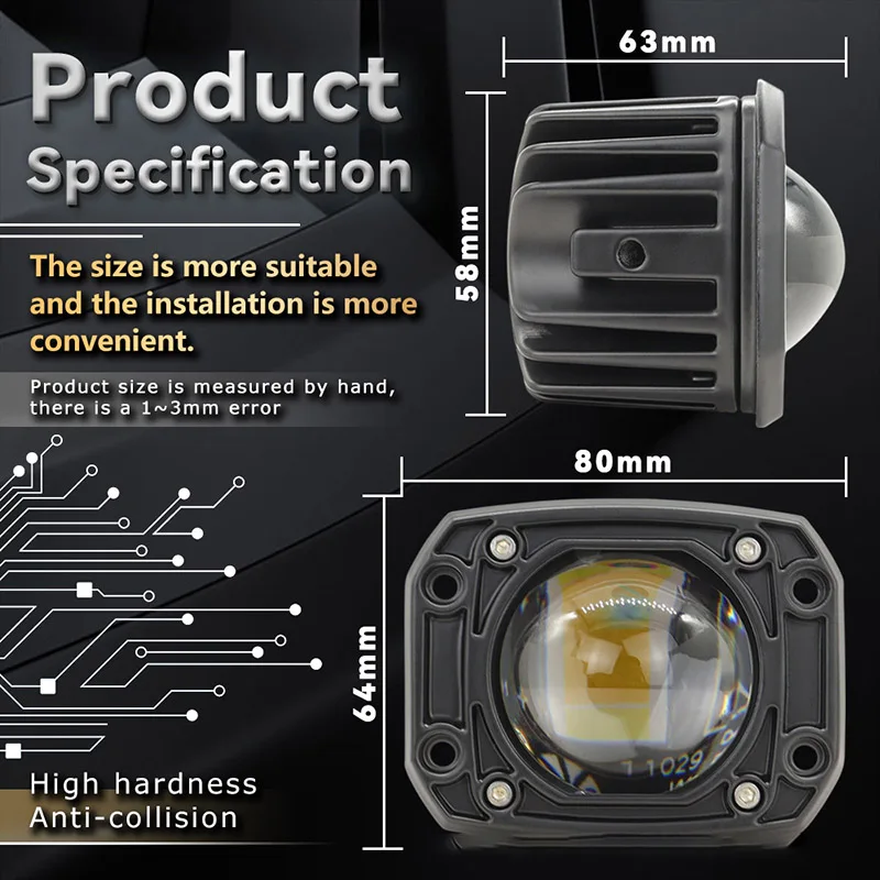 3-inch Square LED Embedded Motorcycle Spotlight Dual Color Matrix Lens Strong Light Waterproof for Electric Vehicle Car Truck