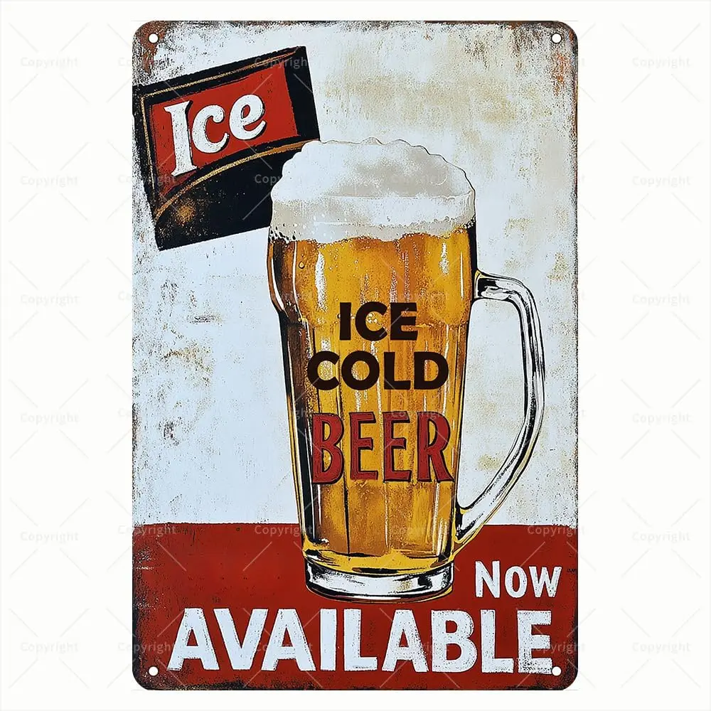 Vintage Beer Tin Sign - Ice Cold Beer Now Available Cool Beer Mug Design Retro Metal Sign - Wall Art for Bar, Pub, or Kitchen -