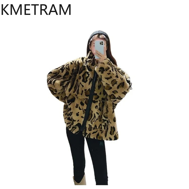 KMETRAM 100% Whole Rex Rabbit Fur Jacket Women Fashion Leopard Fur Coats Winter Oversize Fur Coat Woman Clothing 72cm 2026 шуба