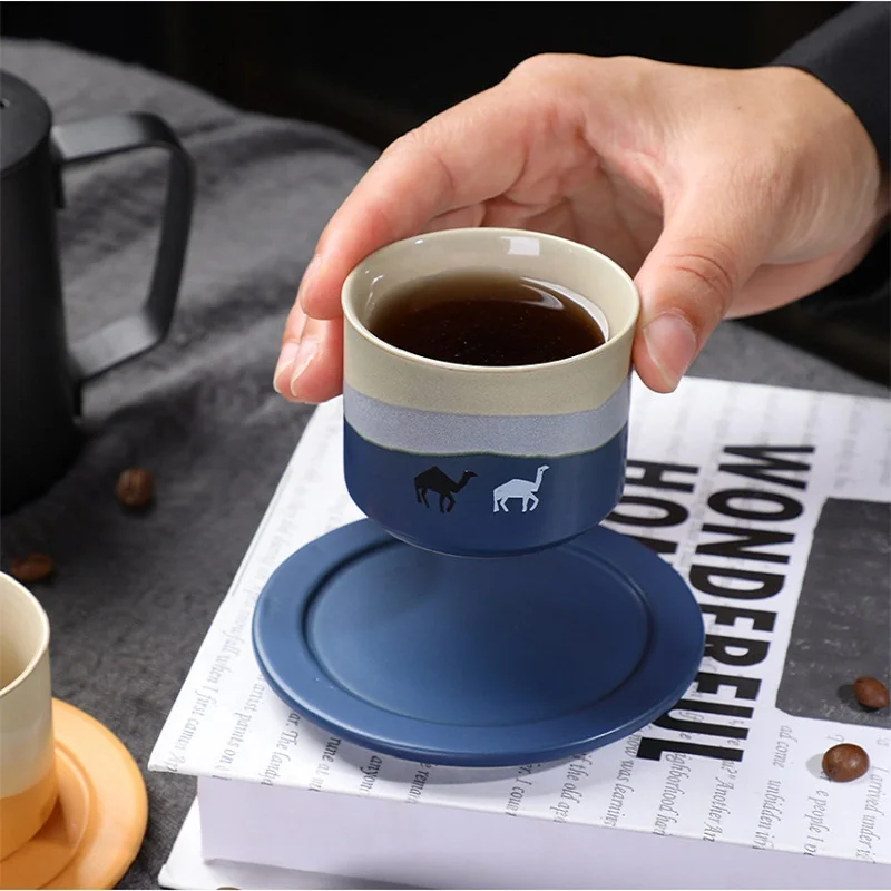 80ML Ceramic Coffee Cup With Saucer Camel Desert Pattern Small Teacup Coffee Tasting Ceramic Cute Mug