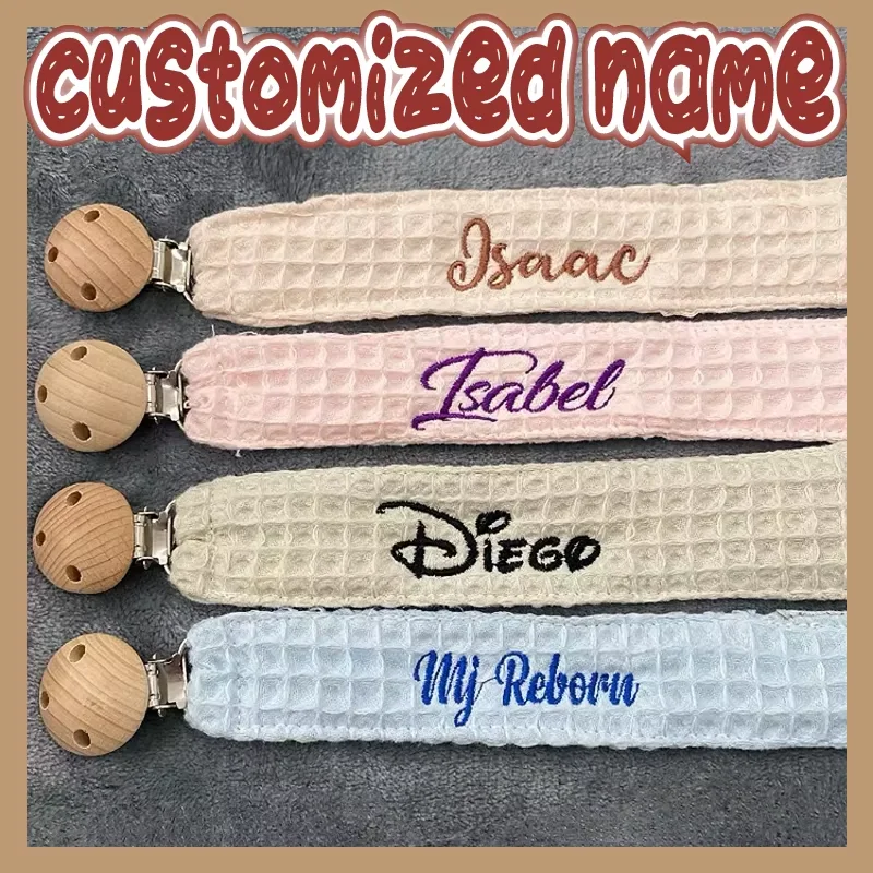 Personalized Fabric Pacifier Clip Holder with Hand Embroidered Name Custom Wooden Clip Baby Shower Gift