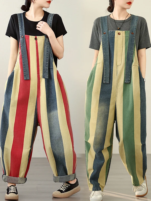 Loose Casual Women's Summer Denim Overalls Printed Striped Nine-Piece Tagl Straight Leg Jeans Casual Comfortable Wide Leg ...