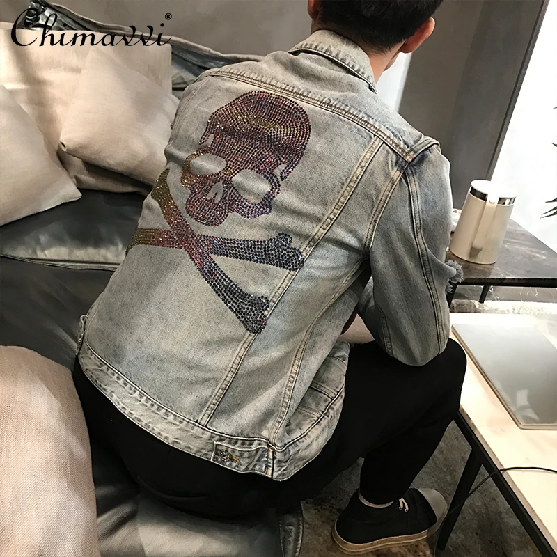 Spring 2024 New Korean Fashion Men's Denim Jacket Streetwear Skull Rhinestone Slim Fit Water Washed Hole Handsome Jackets Coat