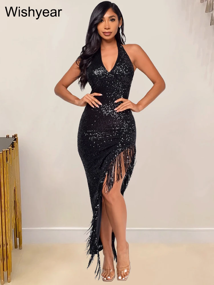 

New Fashion Irregular Evening Sexy Party Black Dresses for Women Elegant Sequined Tassel V-neck Halter Birthday Bodycon Vestidos