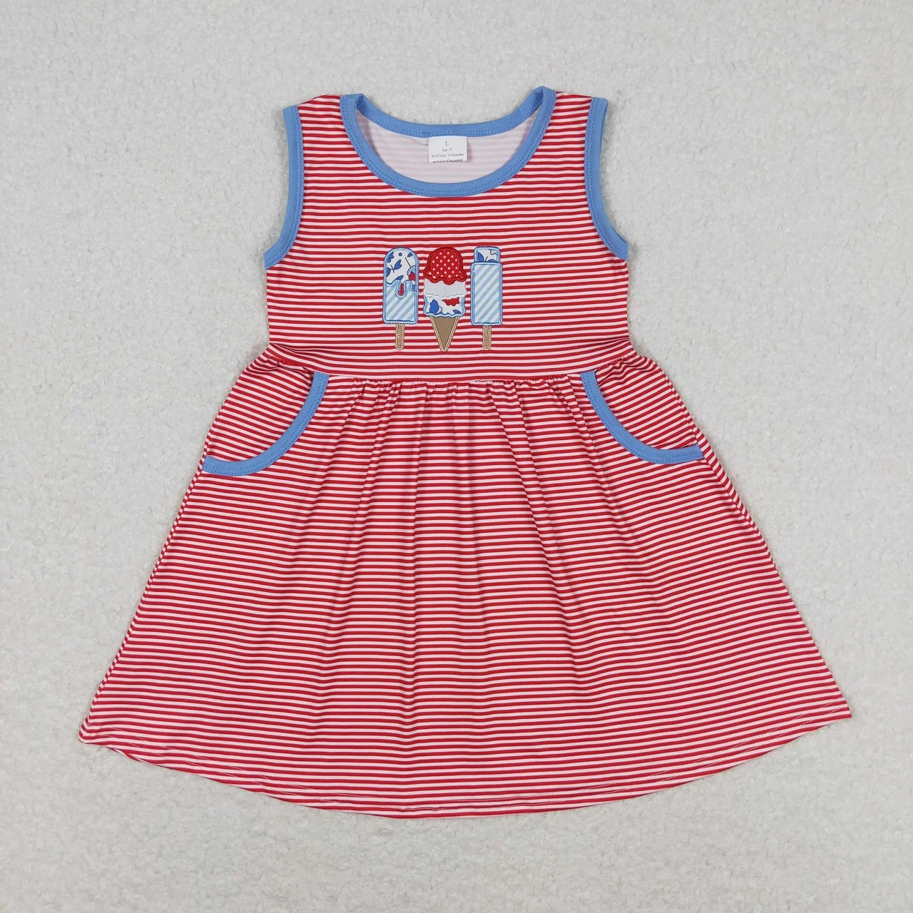 

Wholesale July 4th Children Embroidery Infant Baby Girl Sleeveless Popsicles Red Stripes Dress Toddler Kid Summer Pocket Clothes