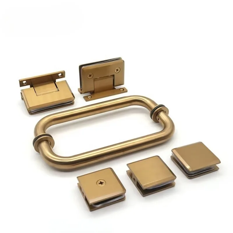 Satin Gold CRL Beveled 90 Degree Solid Brass Shower Glass Door Hinge Clip and Stainless Steel Door Handle Set