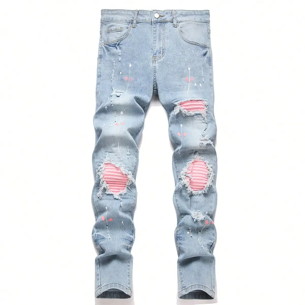 High Stretch Men Distressed Denim Jeans Ripped Hole Pink Biker Patches Paint Slim Fit Denim Trousers Casual Street Hip Hop Pants