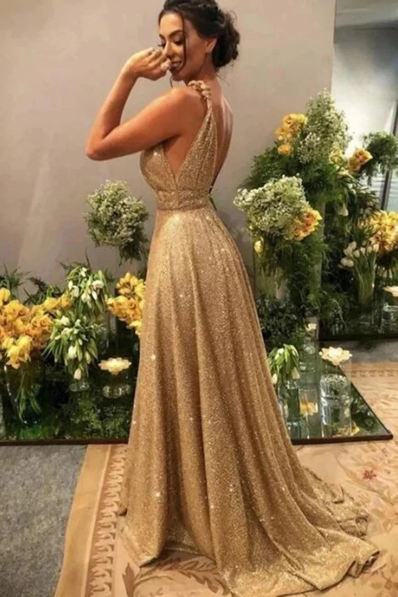 Champagne Gold 2023 V Neck Backless Party Robe Maxi Long Tail Cocktail Prom Dress Long Formal Sequins Shinny Formal Evening Gown