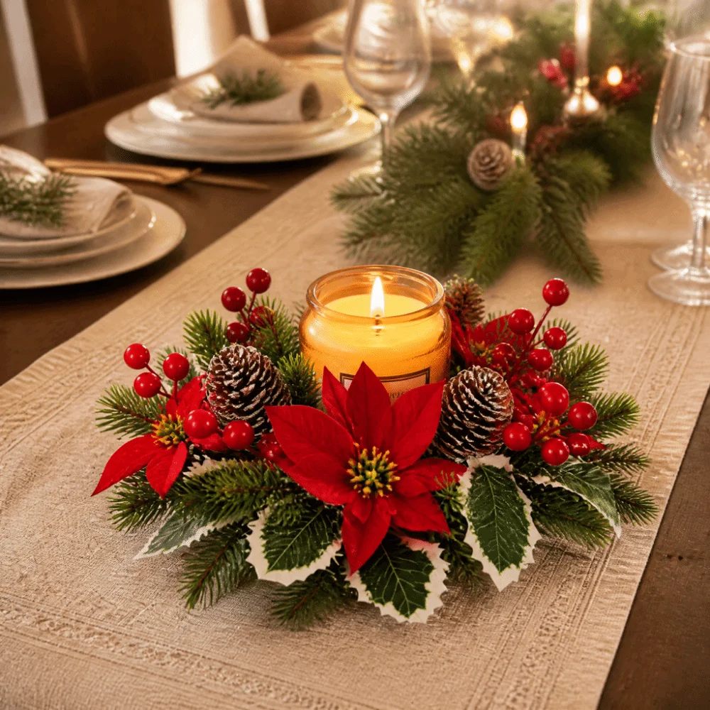 Artificial Flower Flowers Wreath Candle Holder Plastic Classic Christmas Wreath Window Display Props Multifunctional