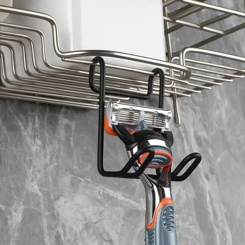 

2Pcs Stainless Steel Corner Storage Rack Non Perforated Bathroom Basket Shaver Holder with Hook Razor Accessories Organizer