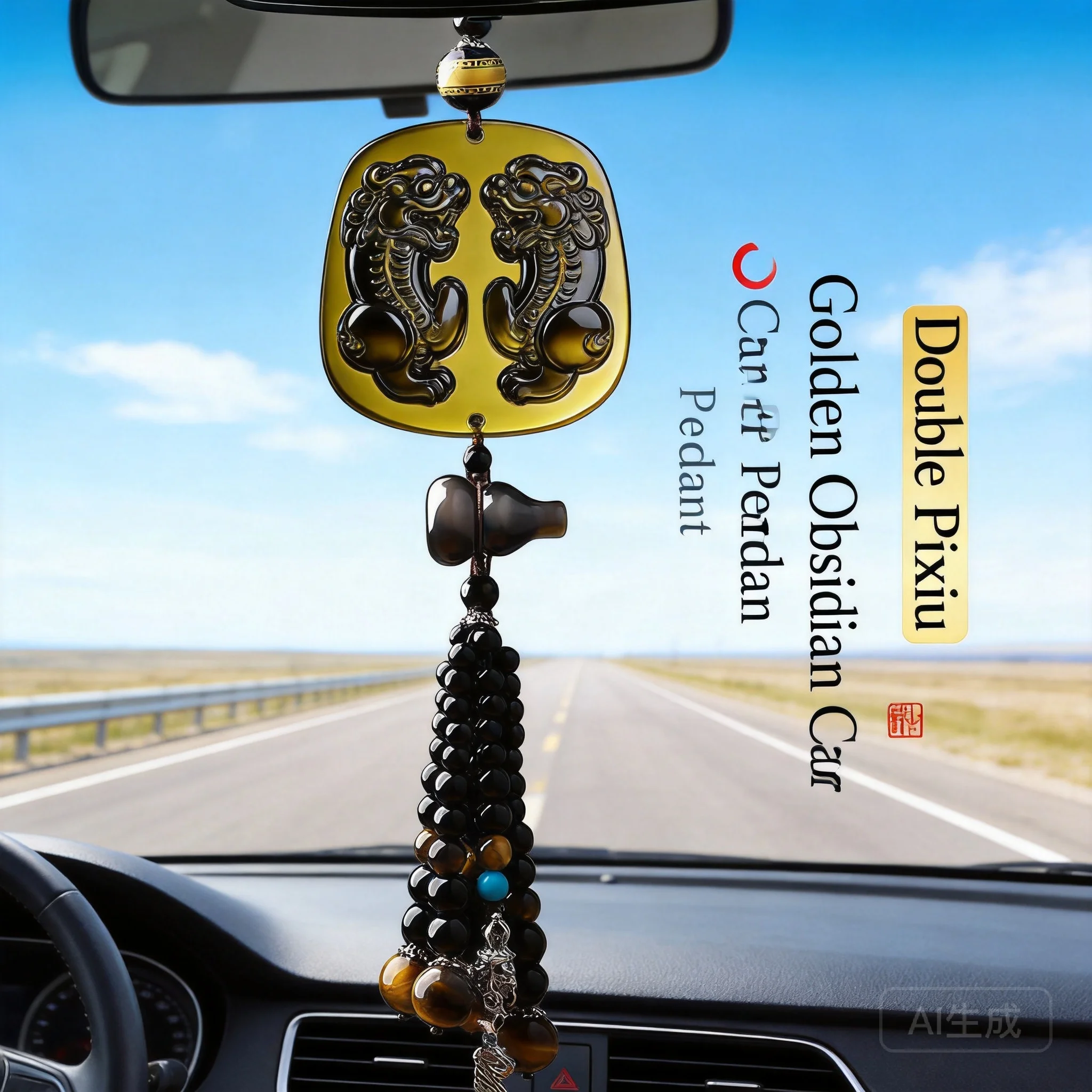 

Year of the Dragon Natural Obsidian Pixiu Car Rearview Mirror Hanging Pendant Lucky Tassel Auto Interior Decor for Zodiac Natal