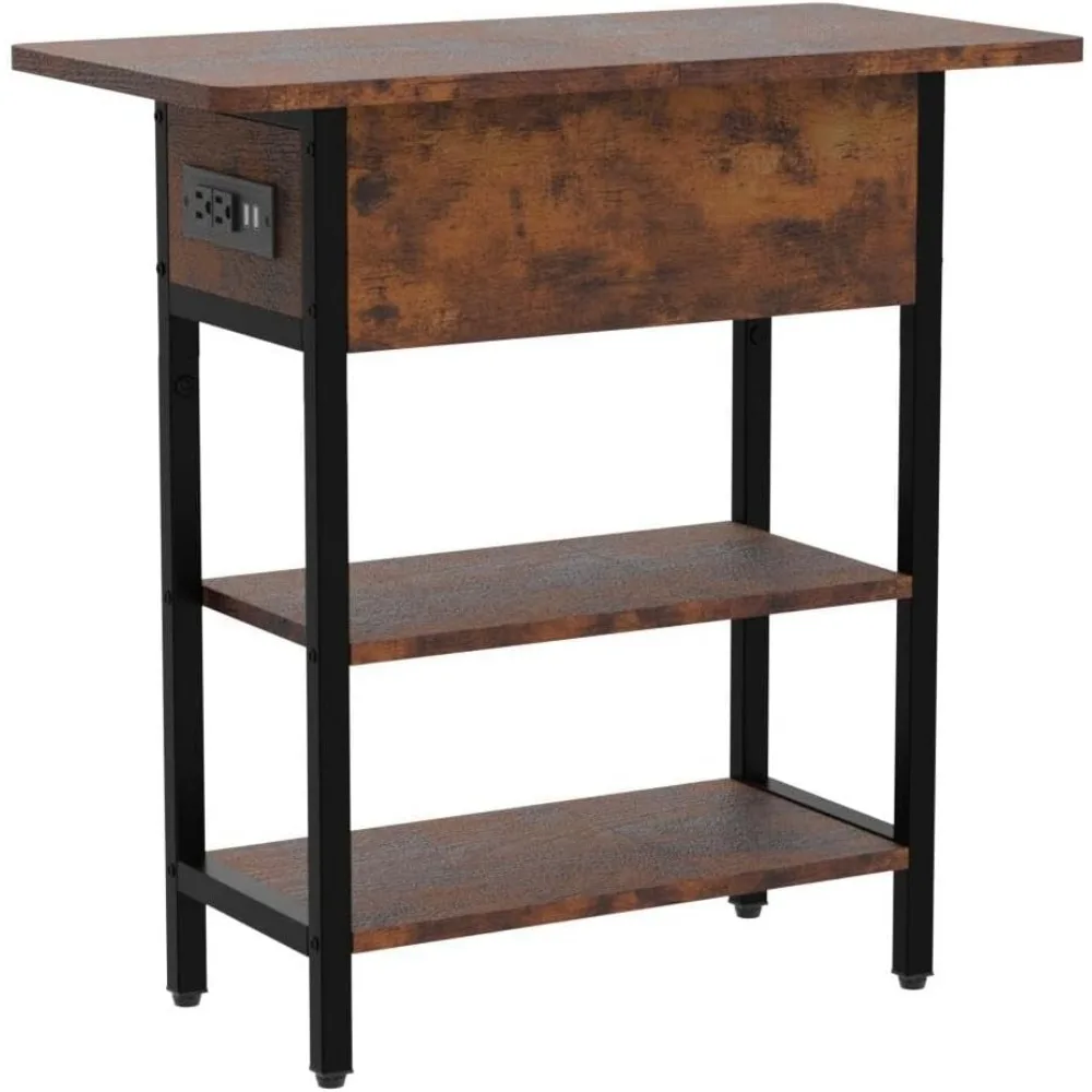 طاولة جانبية قابلة للطي مع محطة شحن USB ومنافذ وأرفف تخزين لمنضدة غرفة المعيشة وغرفة النوم #5