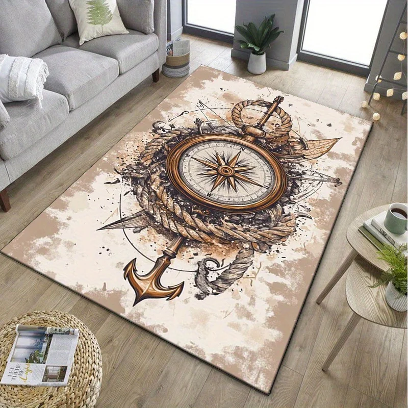 Nautical Compass and Anchor Rug for Nautical Themed Rooms | Maritime Decorative CarpetsCoastal Home Design Skid resistant carpet