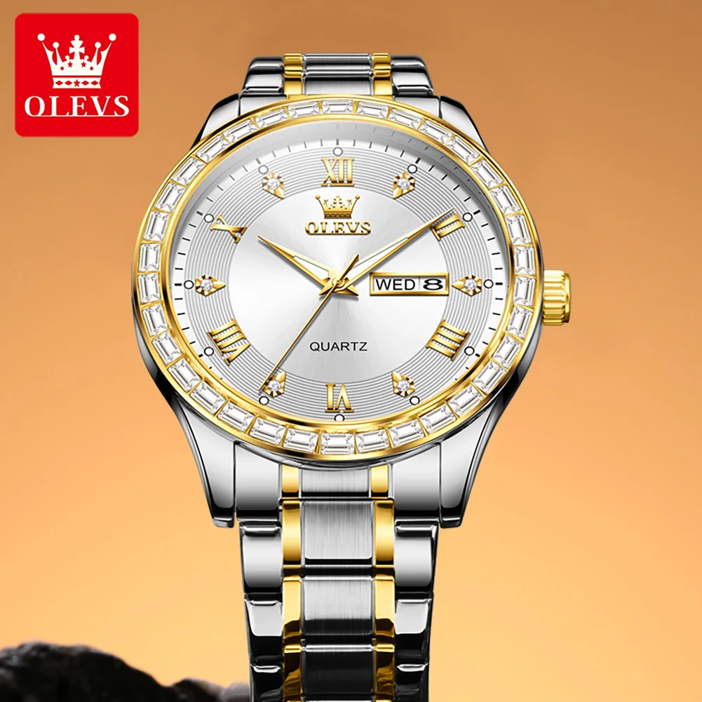 OLEVS 9906 Roman Scale Quartz Watch For Men Diamond Luxury Dual Calendar Man Wristwatch Waterproof Stainless Steel Watches 2024