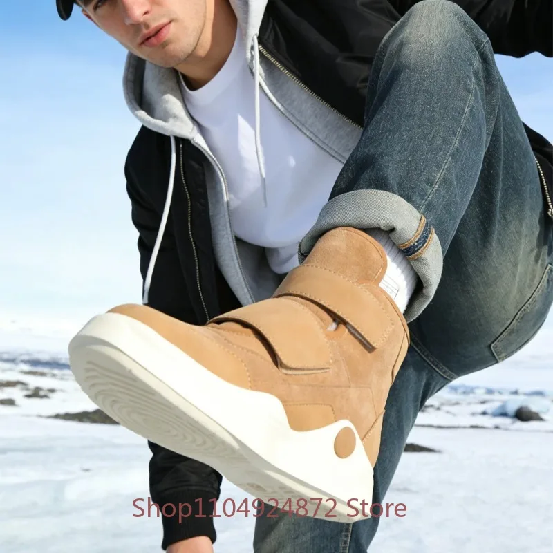 Winter High Top Hook Loop Sneakers Cow Suede Ankle Boots Men Warm Wool Casual Genuine Leather Cotton Shoes Male Snow Boots