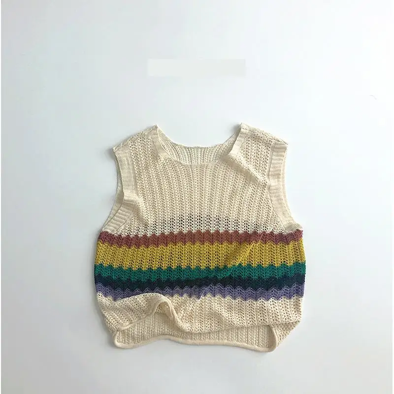 

2023 Summer New Children Rainbow Striped Vest Baby Cotton Hollow Breathable Vest Boys Girls Sleeveless Tee Kids Clothes