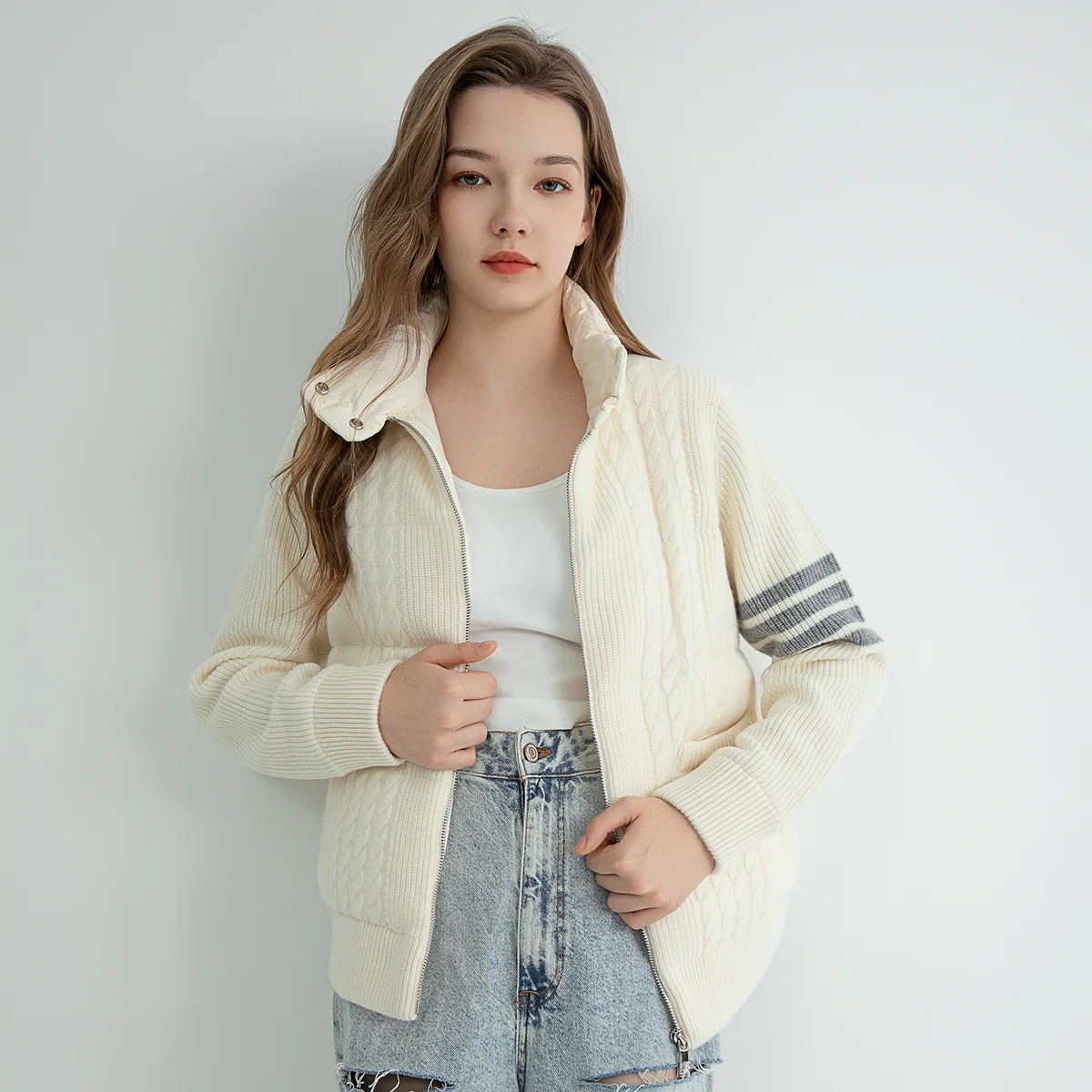 TC612 High-quality luxury women\'s clothing trendy brand wool panelled down jacket stand-up collar winter coat