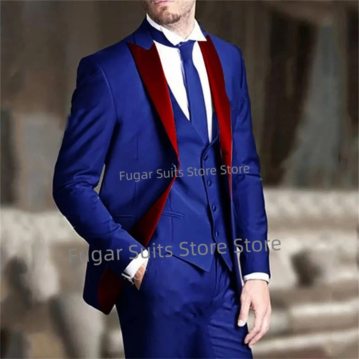 

Classic Blue Wedding Men Suits Slim Fit Single Breasted Peak Lapel Groom Tuxedos3 Pieces Sets Business Male Blazer Costume Homme