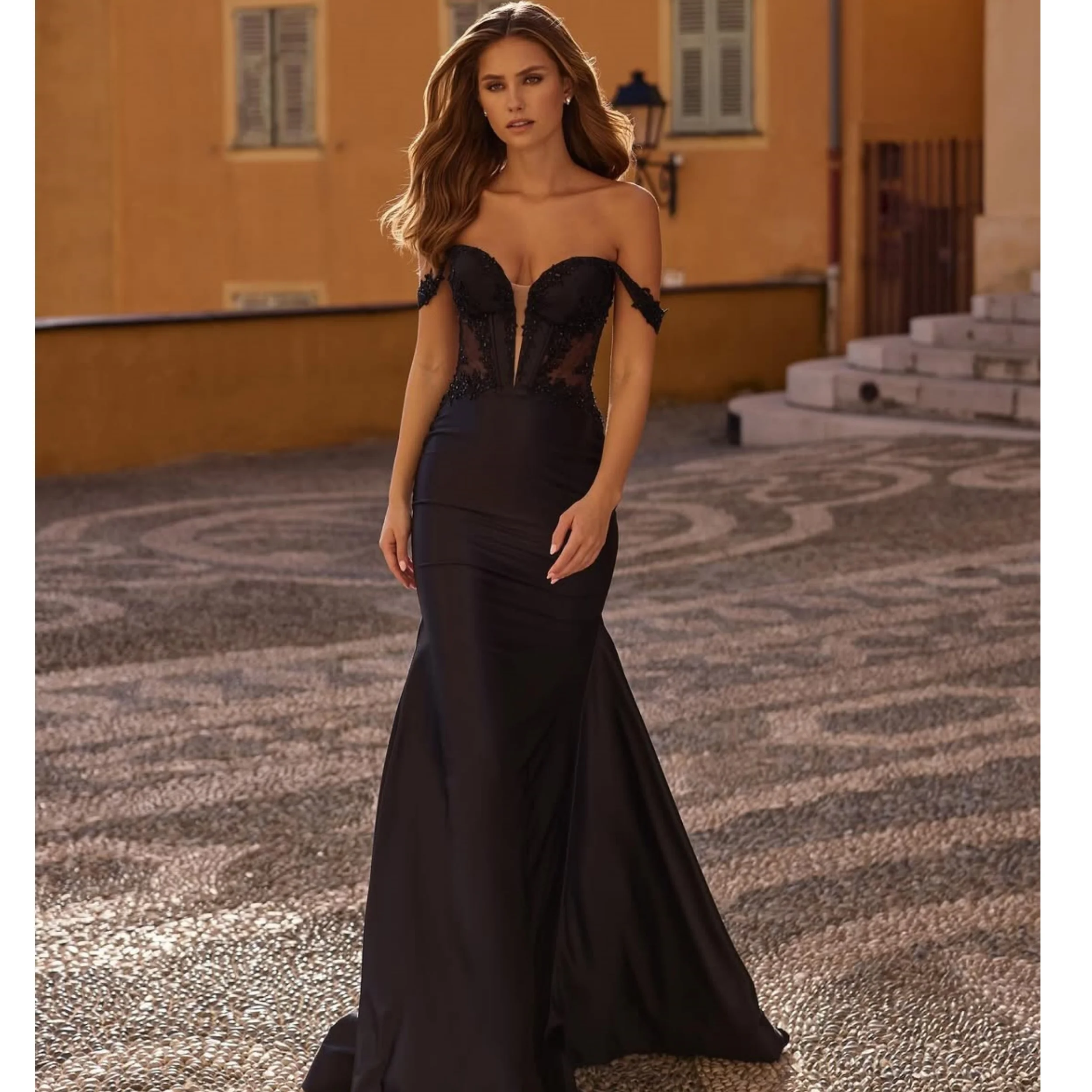 

Linda Black Evening Gowns New Off Shoulder Sequined Mermaid Vestidos de Noche Morden Formal Stain Prom Party Gowns Customzied