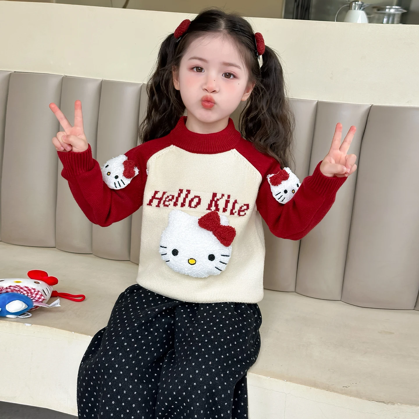 

Warm Patchwork Knitted Sweater for Girls Baby Faionable Winter Top Trendy Loose Fit Long Sve f High Collar