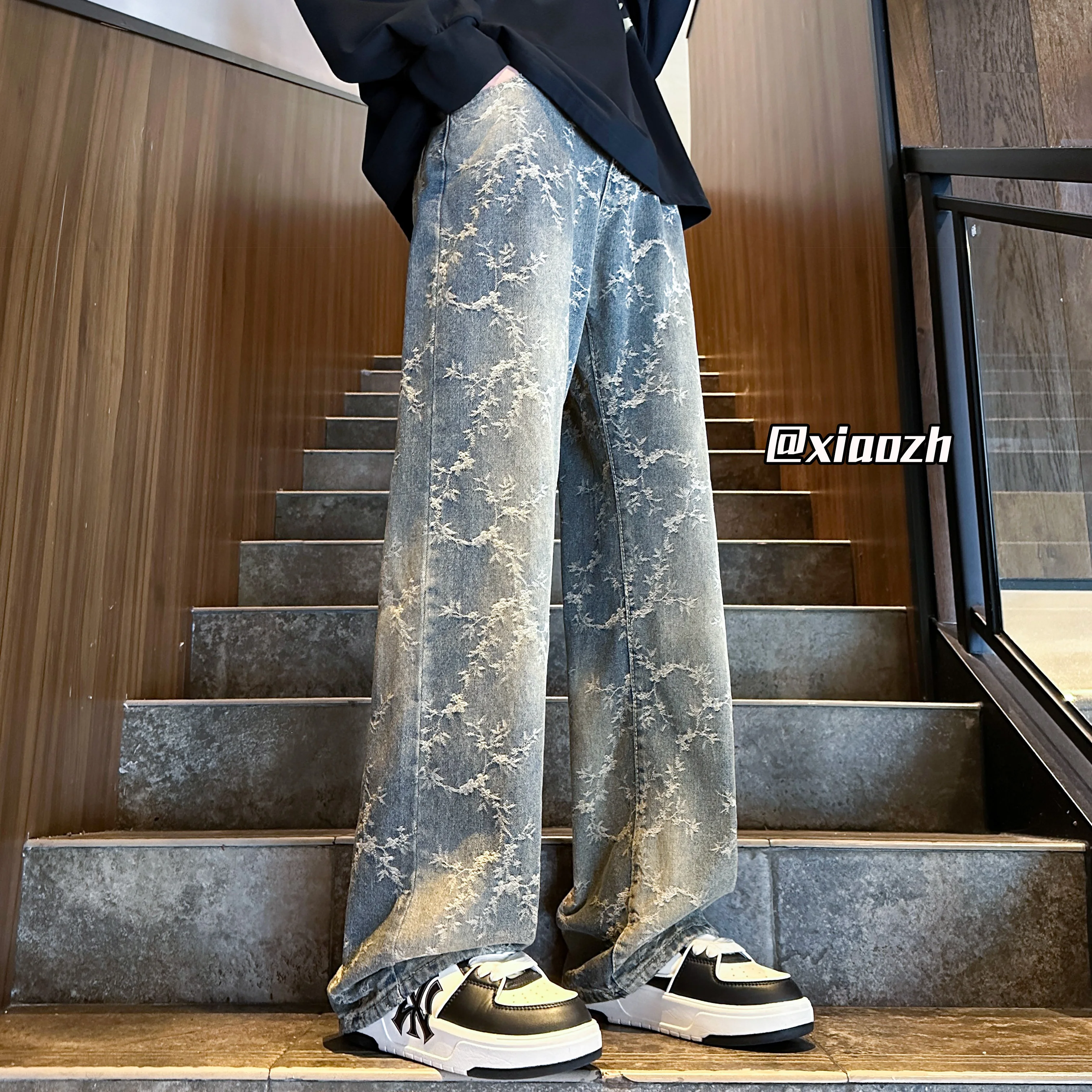 Jacquard Pattern Denim Pants Male Full Print Straight Tube Loose Jeans High Street For Men Wide Leg Casual Pants Yellow mud