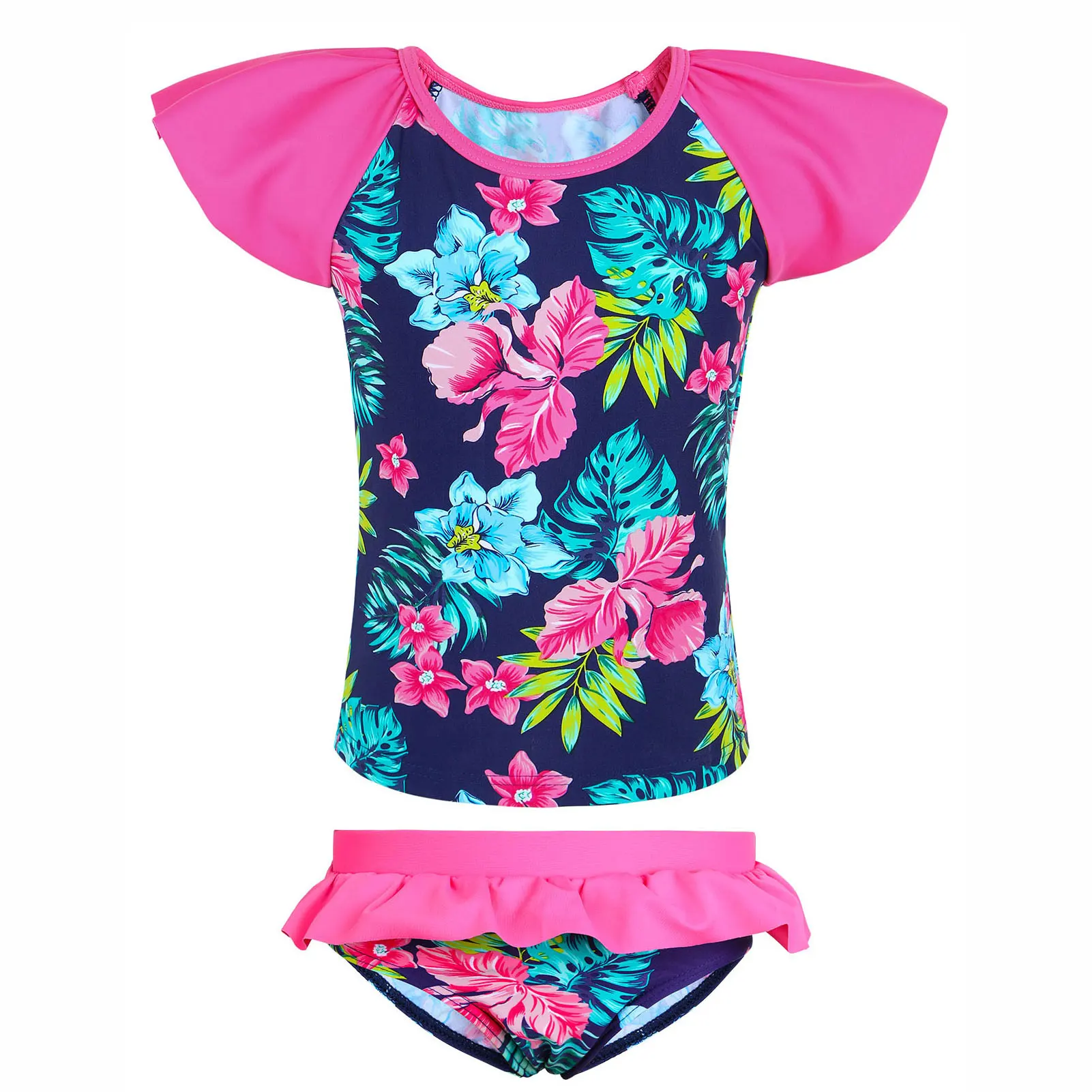 BAOHULU Kids Swimsuit Two Pieces Floral Pint Swimwear Ruffle Sleeve Bathing Suit UPF50+ Sun Protective Beachwear