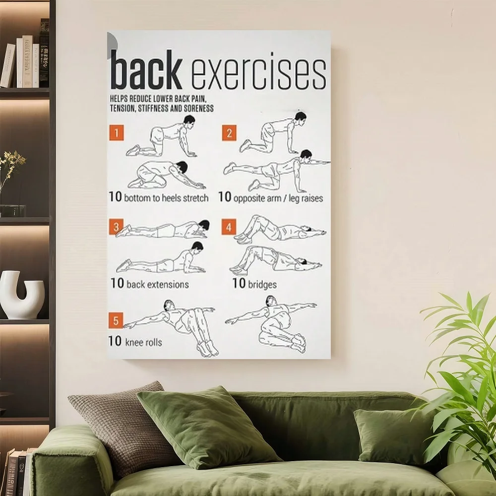 Gerahmtes Fitness-Poster – 1 Wandbild zur Rückenübungsübungspraxis mit gut lesbarem Leitfaden zur Linderung von Schmerzen und Steifheit im unteren Rückenbereich, ideales Geschenk für