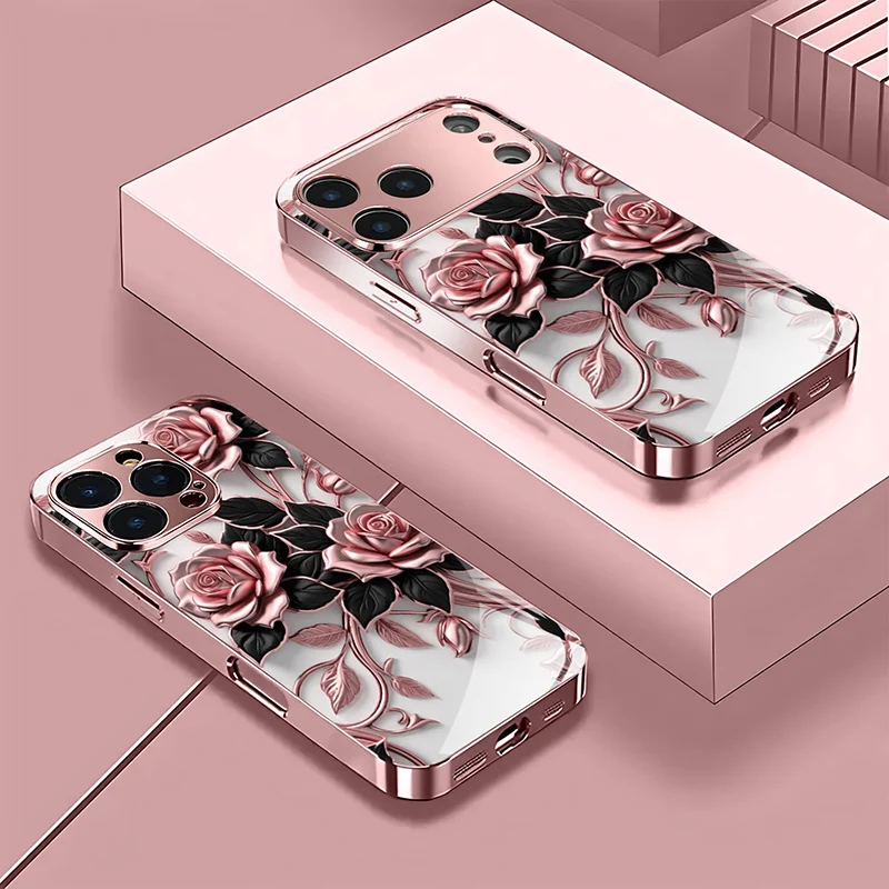Rosa Rosenmuster Metallisches Panzerglas Handyhülle für iPhone 18 17 16 15 14 13 12 11 Pro Max 15 14 Plus 17 Air 17E Hülle – Detail 2