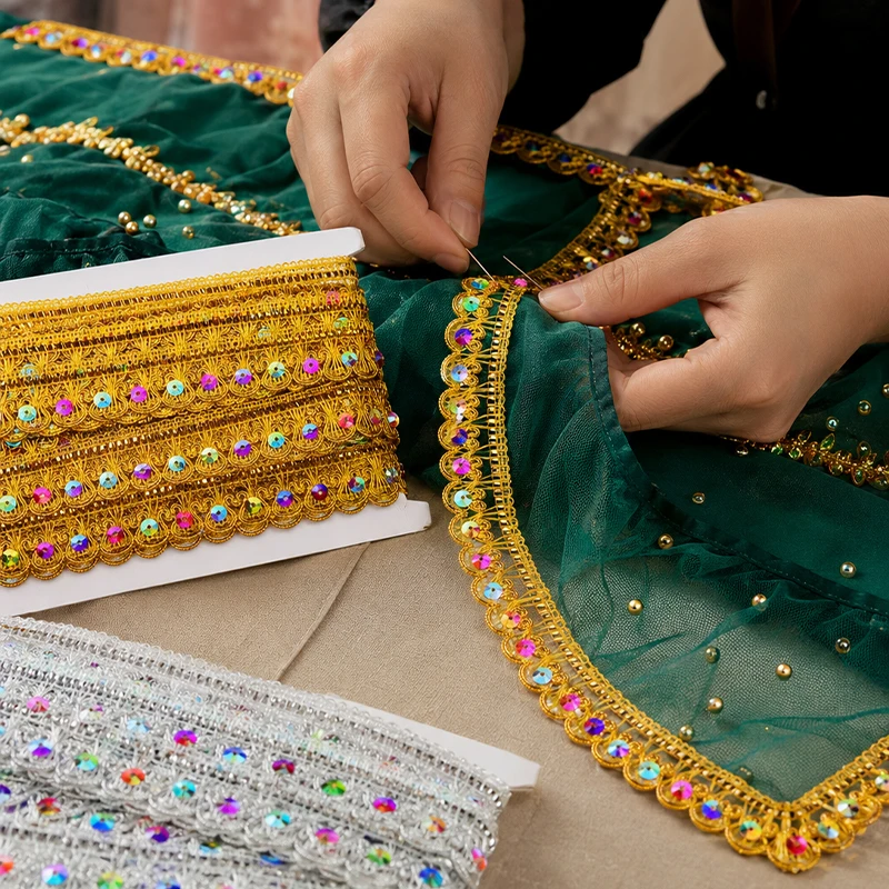 30Yard Gold Metallic Lace Trim Colorful Sequins Braid Ribbon DIY Sewing Fringe for Ethnic Dress Costume Decor Craft Supply