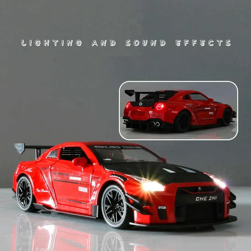 Skyline ares Nissan GTR R34 R35-合金スポーツカーモデル,ダイキャストメタルレーシングカー,音と光のシミュレーション,子供向けギフト,1:24