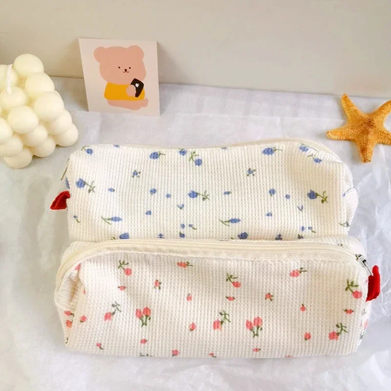 Cute Small Flowers Pencil Cases Floral Cotton Linen Pencil Bag Simple Pen Bag Storage Bags School Supplies Kawaii Stationery 1Pc