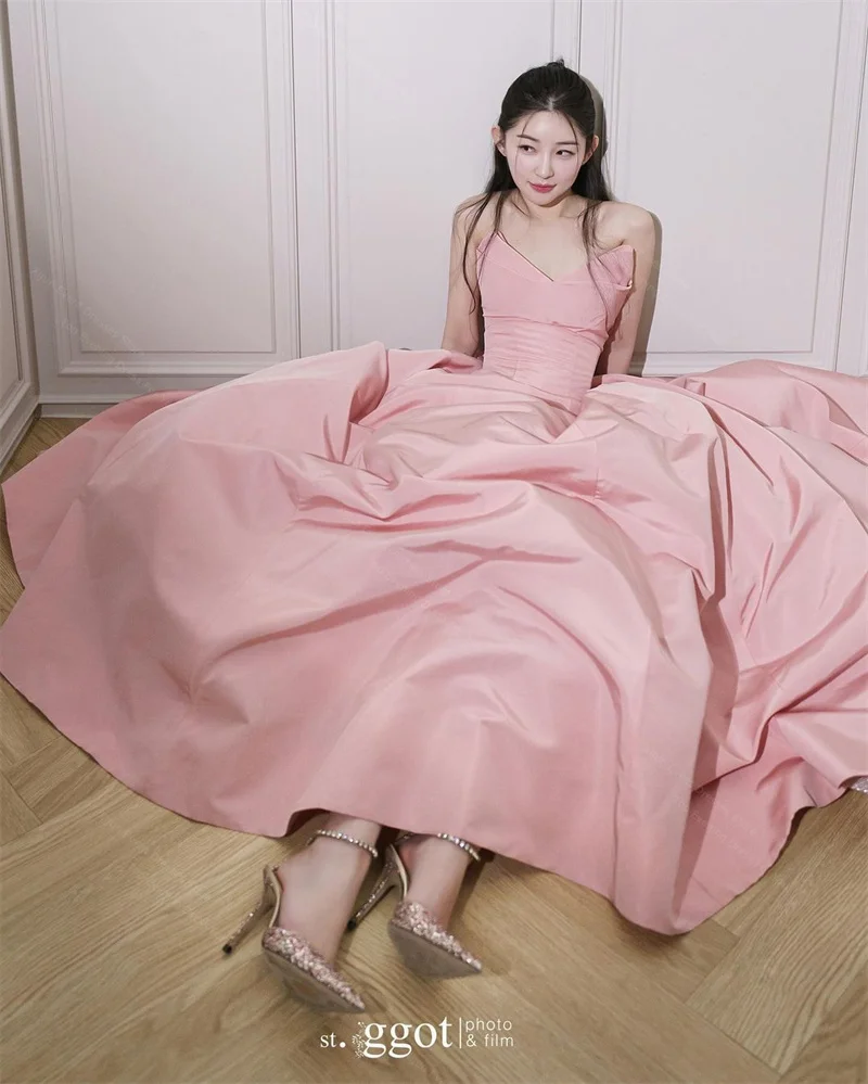 Xijun Simple Blush Pink Taffeta Evening Dresses Wedding Photoshoot Sweep Train Formal Party Special Occasion Dress 2024 Korean