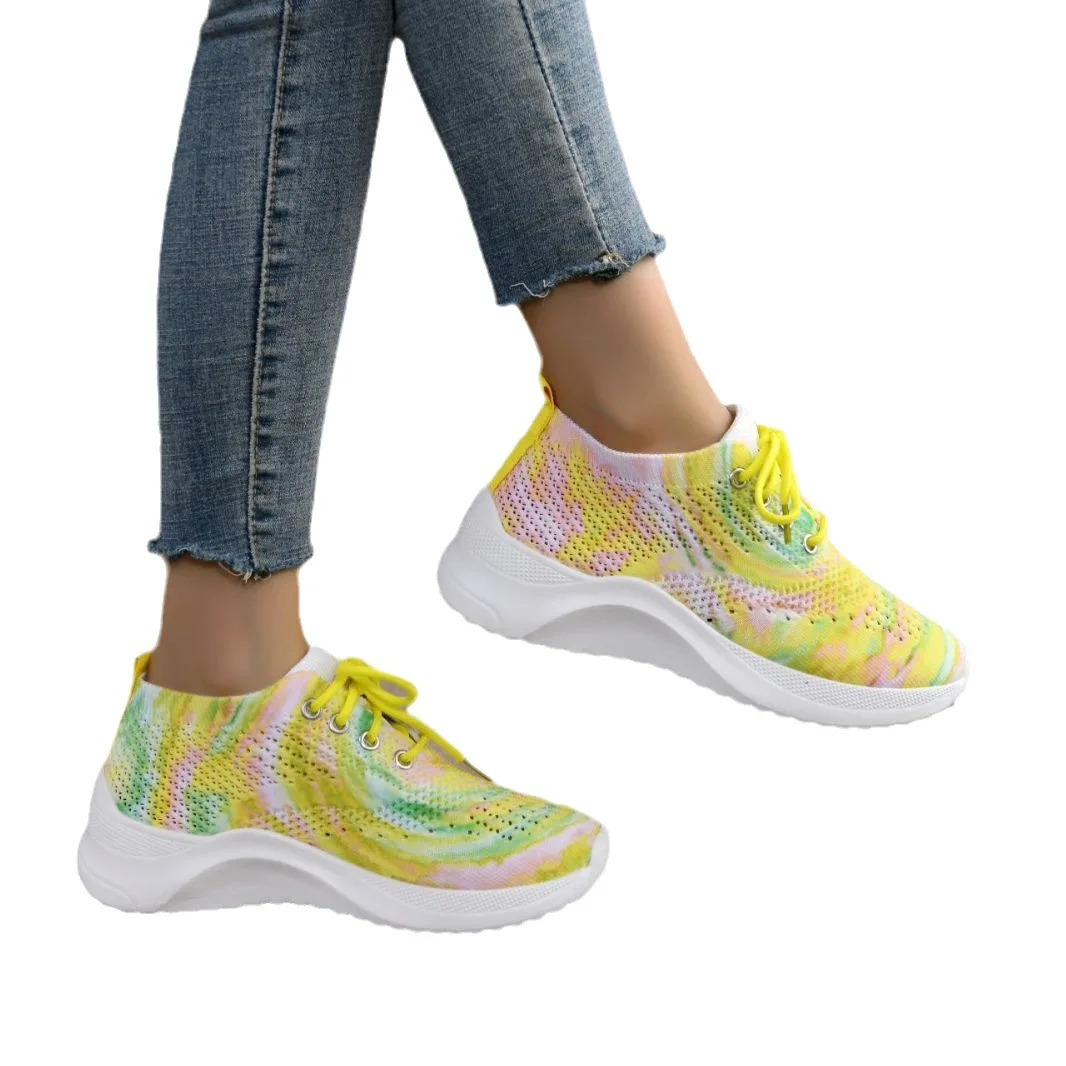 Dropshipping New Fly-Woven Mesh Breathable Single Shoes Round Head Low-Top Sneakers Colorful Casual Large-Size Women's Shoes