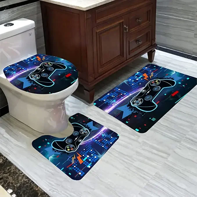 Game Controller Neon Gaming Bathroom Mat Set 3 Piece Video Game Joystick Pixel Lightning Print Non Slip Absorbent Bath Rug U-Shaped Mat Toilet Seat Cover Gamer Boys Bathroom Decor