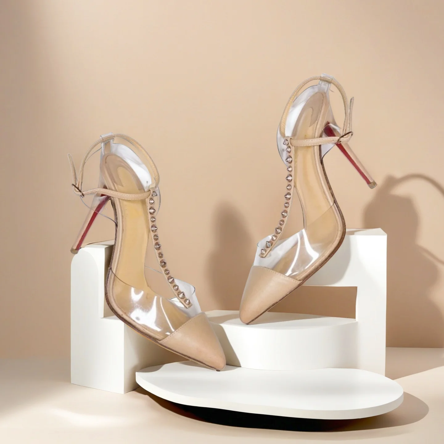 

Full Golden Rivets Strap Pumps Female Pointed Closed-Toe Buckle Single Shoes Wedding Banquet Complexion Skin Color Sandals Women