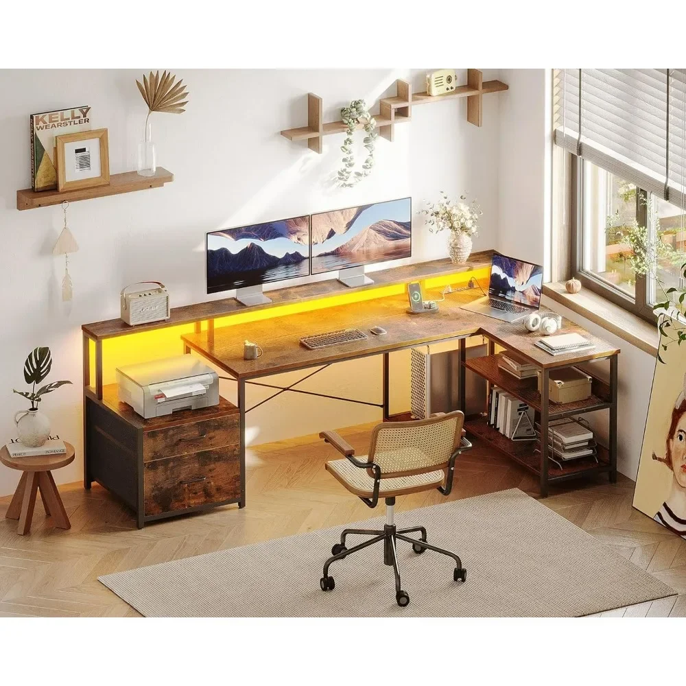 75 inch desk gaming desk corner table with drawers with power socket and LED strip light with storage shelf monitor stand