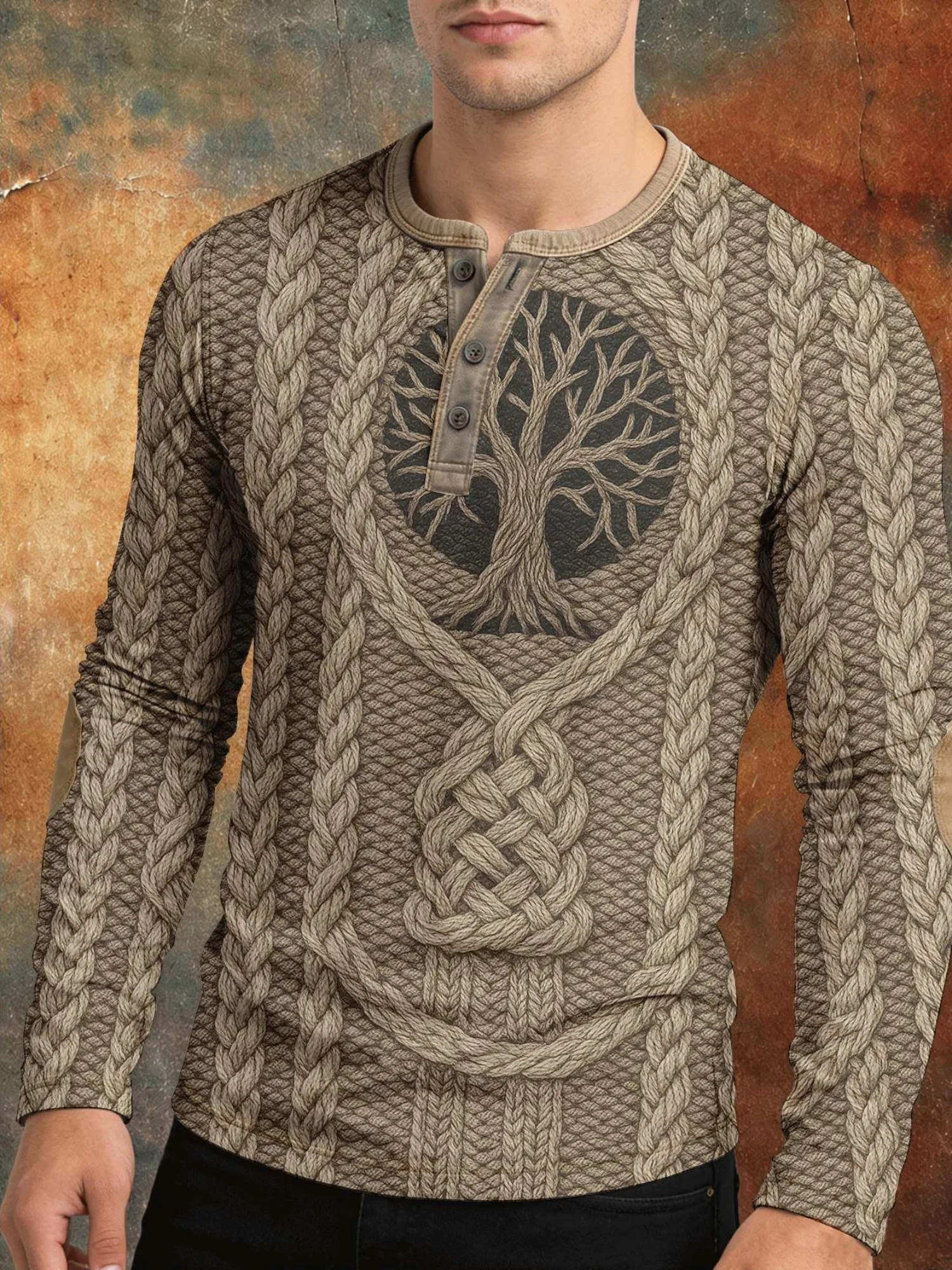 Men's Long Sleeve Henley Shirt Featuring a Tree of Life Design, an Essential Top for Young Men Casual Long Sleeve Button